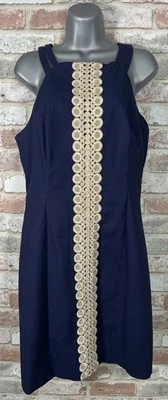 Lilly Pulitzer Dress Navy Blue Pearl Stretch Shift Sleeveless Gold Detail Sz 12 - image 1 of 4