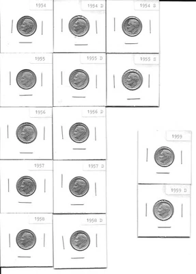 Lot of (14) Silver US Dimes dated 1954 to 1959 in holders - Image 1 of 2