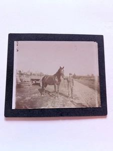 Antica cartolina armadio fotografia cavallo e bel contadino da carro in fattoria - Foto 1 di 5
