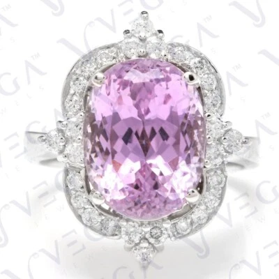 Anel de noivado folheado a ouro branco 18K com corte oval natural kunzita e diamante 5,85 quilates - Imagem 1 de 4