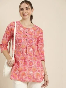 Stunning Red & Pink Floral Printed Pure Cotton Straight Kurti for Women - Picture 1 of 5