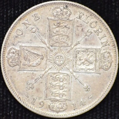 1914 EXTREMELY FINE Great Britain Florin .925 SILVER, .3364 oz actual silver wt. - Image 1 of 2