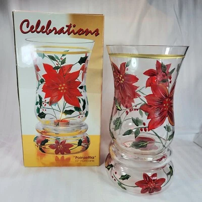 Celebrations Poinsettia Hurricane Candle Holder Glass 10" Christmas 2pc - Image 1 of 4