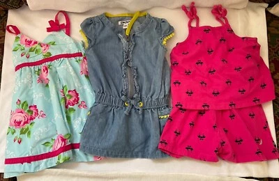 LOT 3 Size 12M DKNY Denim Dress/Penelope Mack Sundress/Nautica Pink Romper - Image 1 of 4