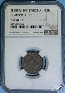Ethiopia EE 1889 1897 Copper 1/32 Birr Menelik II Corrected Dies NGC AU58BN Km11 - Picture 1 of 2