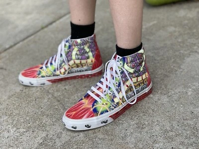 Hand painted Off The Wall Vans-Cityscape-Apocalyptic-art To wear-Artist-Mens 9 - Image 1 of 4