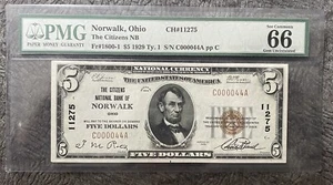 1929 $5 Norwalk, Ohio National Note PMG 66 EPQ Gem Uncirculated - Picture 1 of 2