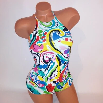 Tankini de natación Anne Cole XS colorido halter cuello alto ligeramente acolchado con aros Foto 1 de 4