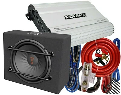 JBL 1000W Compact 12" Subwoofer Enclosure + Audiobank 2000W Car Amplifier + Kit