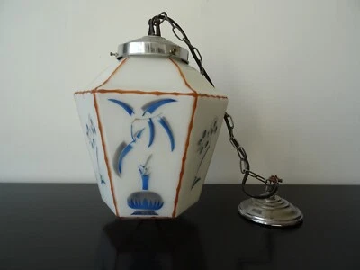 Lustre suspension opaline lanterne verre Art Deco - Photo 1/4