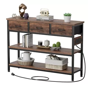 43.3" Console Table with Power Outlets 3 Drawers 2 Shelves Sofa Table Brown - Picture 1 of 8