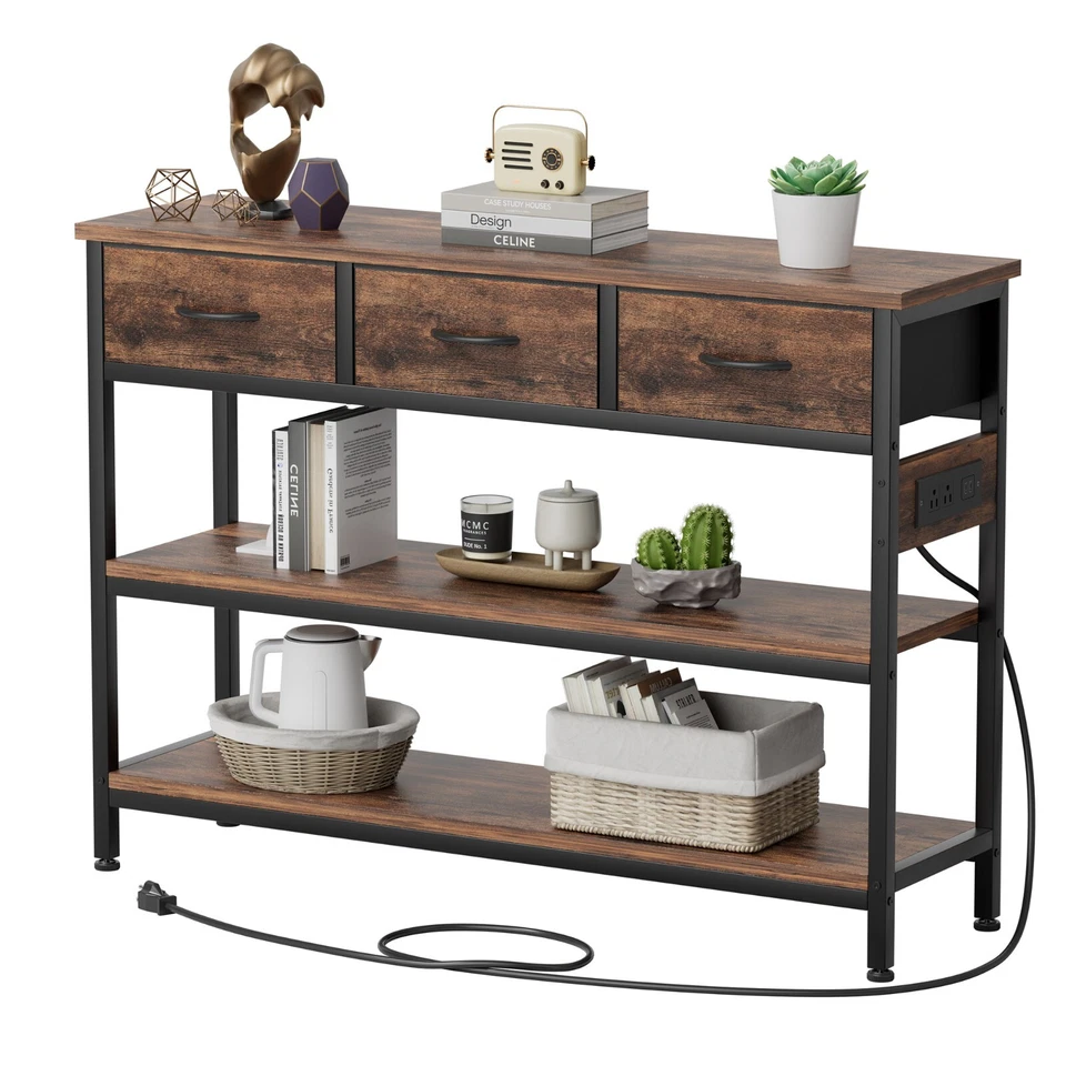43.3" Console Table with Power Outlets 3 Drawers 2 Shelves Sofa Table Brown - Image 1 of 4
