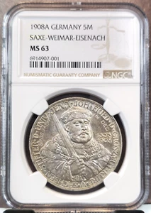 1908 GERMANY SILVER 5 MARK SAXE WEIMAR EISENACH JENA UNIVERSITY NGC MS 63 RARE - Picture 1 of 3
