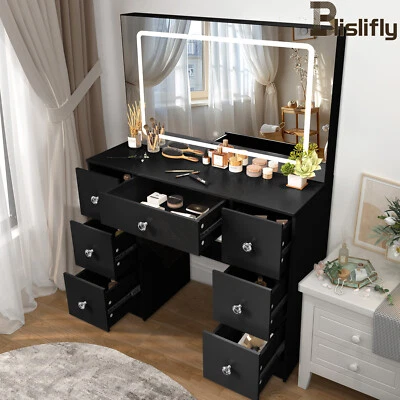 Juego de tocador de maquillaje grande con luz LED espejo tocador escritorio 7 cajones tocador Foto 1 de 4