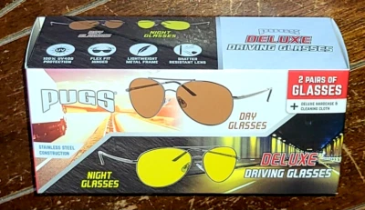 Gafas de conducción Pugs: ¡2 pares de gafas día/noche con estuche rígido y tela de lujo! Foto 1 de 3