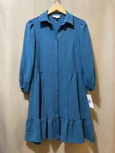 NWT TAHARI Women’s 3/4 Sleeve Button-Up Peplum Hem Dress Size 4 Dark Teal Green - Picture 1 of 13