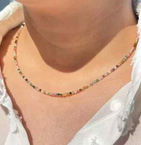 2mm Natural Rainbow Tourmaline Beaded Choker Tiny Gemstone Boho Women Necklace - Picture 1 of 4