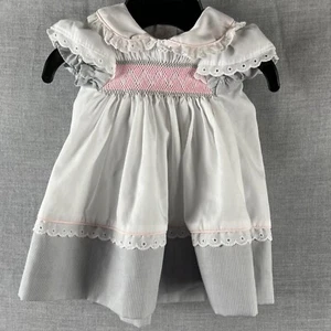 Vintage Polly Flinders Babydoll Dress 3 Months White Grey Smocked Eyelet Trim - Picture 1 of 5