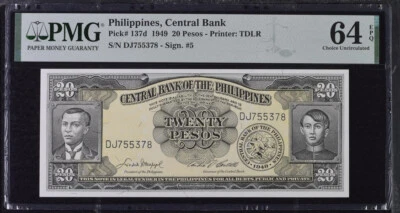 20 Pesos Central Bank of Philippines   1949  PMG 64 EPQ - Image 1 of 2