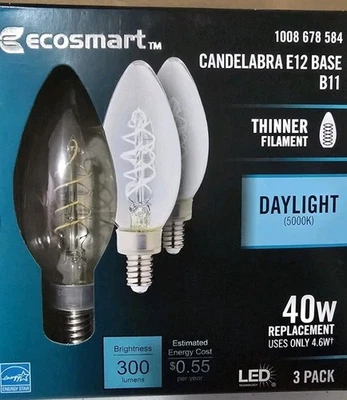 EcoSmart LED Candelabra E12 Candelabra B11 40W Daylight 5000k 3 Pack - Image 1 of 3