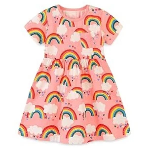 Mini Boden Fun Kurzarm Jersey Kleid Rosa Regenbogen Wolkenmuster 7-8 Mädchen - Bild 1 von 5