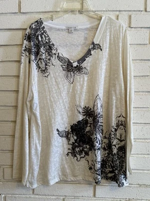 Camiseta Coldwater Creek Top Crema/Gris/Floral Lentejuelas Transparente Manga Larga Talla 2X Foto 1 de 4