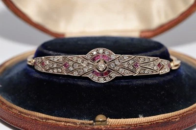 Vintage 14k Gold Top Silver Natural Diamond And Caliber Cut Ruby Bracelet - Image 1 of 4