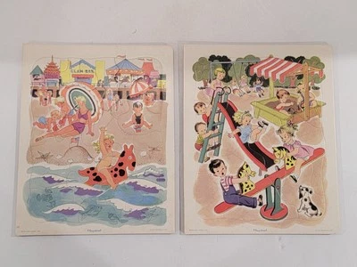 2 Vtg Golden Press Playskool Puzzles - Beach Playground Childrens Tray Frame - Image 1 of 4
