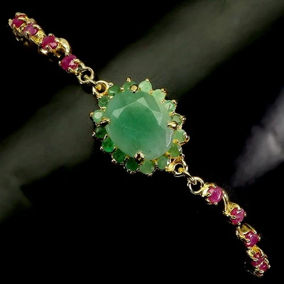 925 Sterling Silver Bracelet Oval Emerald 13x10mm Ruby Gemstone Jewelry 7inches - Image 1 of 4