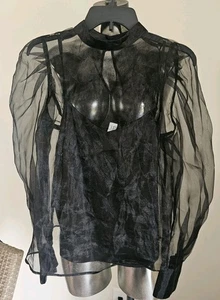 Guess Women's Sheer Puff Sleeve Blouse Black Sz Medium. - Picture 1 of 6