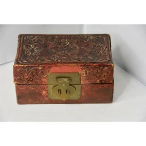 Antique Chinese Red Lacquered Leather Box Openwork Bats Floral and Foliage Detai - Picture 1 of 11