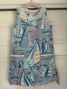 Lilly Pulitzer Girls Shift Dress Aboat Time Purple 7 Sailboats Nautical Preppy - Picture 1 of 9