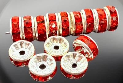 Silver Tone Metal Red Rhinestone Rondelles Beads 8mm Qty:15 - Image 1 of 2