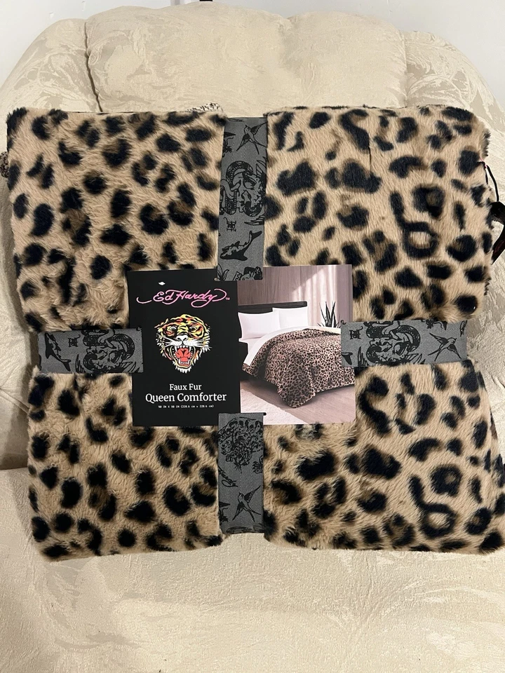 Ed Hardy Faux Fur Queen Comforter In Leopard Print NWT - Image 1 of 4