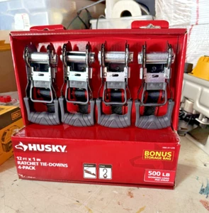 Paquete de 4 correas de amarre de trinquete Husky de 1"x12' ganchos de liberación rápida 1500 lb. Nuevo - Imagen 1 de 9