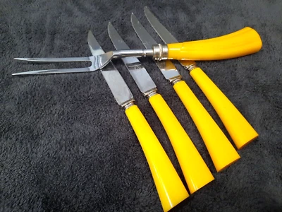 Englishtown Cutlery Carving Fork w/ 4 Steak Knives Sheffield England Bakelite - Image 1 of 4