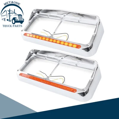 METAONE Chrome Headlight Bezel Fit for Kenworth T600 W900 w/Amber LED Bar+Lens - Image 1 of 4