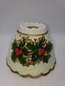 Ceramic Christmas Ivory Gold Embossed Candle Shade Topper-Holiday Holly Berry - Picture 1 of 5
