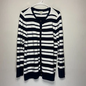 LL Bean Women L Cardigan Sweater Navy Blue White Stripe Button Front Nautical - Picture 1 of 9