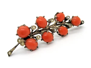 Original Biedermeier leaf coral brooch seed beads coral brooch ~1860 rare - Picture 1 of 4
