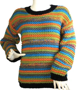 Sundance Pullover Sweater Bright Multicolor Stripes Open Chunky Knit, Italy, S - Picture 1 of 5