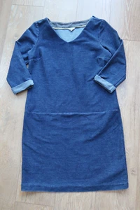 WHITE STUFF UK 12 Stretch DENIM 3/4 Ärmel Tunika/Kleid blau Taschen V-Ausschnitt £60 - Bild 1 von 12
