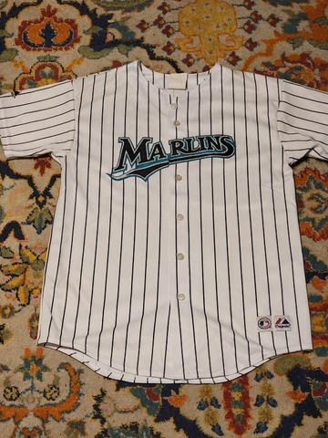Youth XL Vintage Majestic MLB Florida Marlins Lo Duca 14 Jersey SEWN Pinstripe Cover