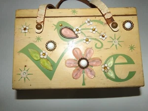 Enid Collins LOVE Wood box Purse Pink Green Bird TLC - Picture 1 of 16