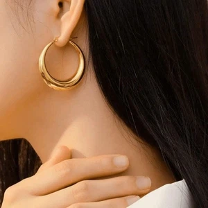 Lea Moda 18k Gold Plated Chunky Hoop Earrings - Stainless Steel - Picture 1 of 7