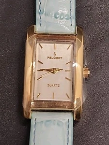 Peugeot Women's Gold Plated Rectangle Blue Leather Dress Watch 3007 New Battery - Picture 1 of 7