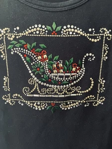 VTG christmas Long Sleeve Women Large Petite Black Bling Gold Sleigh Rhinestone - Picture 1 of 5