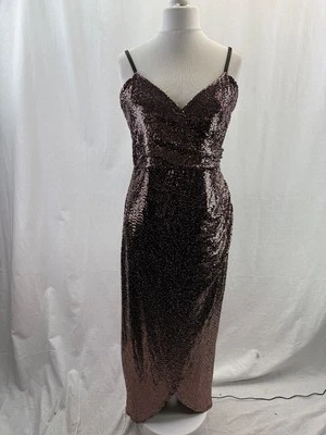 Vestido largo estilo lentejuelas oro rosa Quiz envolvente de frente a la cintura talla 16 Nuevo con etiquetas  Foto 1 de 4