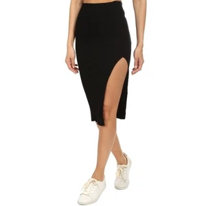 Schwarzer Midirock Seitenschlitz hohe Taille Baumwolle Citizen "Melbourne Midi" Größe Large - Bild 1 von 6