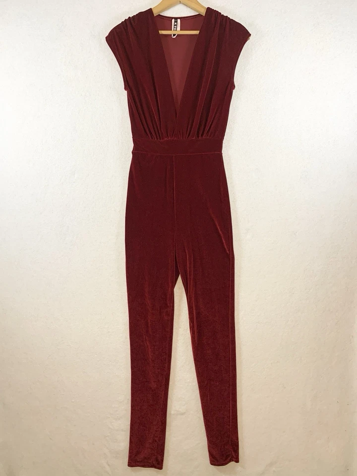 Vintage Womens Velvet Plunge Jumpsuit Sz XS Red Y2K Glam Cocktail Club USA Made - Image 1 of 4